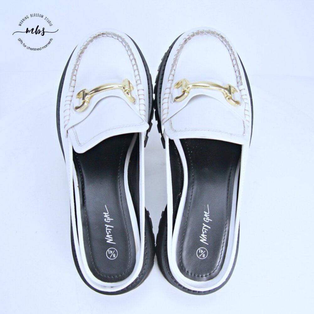 Nasty Gal Leather Chunky Backless Loafers White Gold Women UK 8 EU‎ 41 US 10 - Picture 12 of 15
